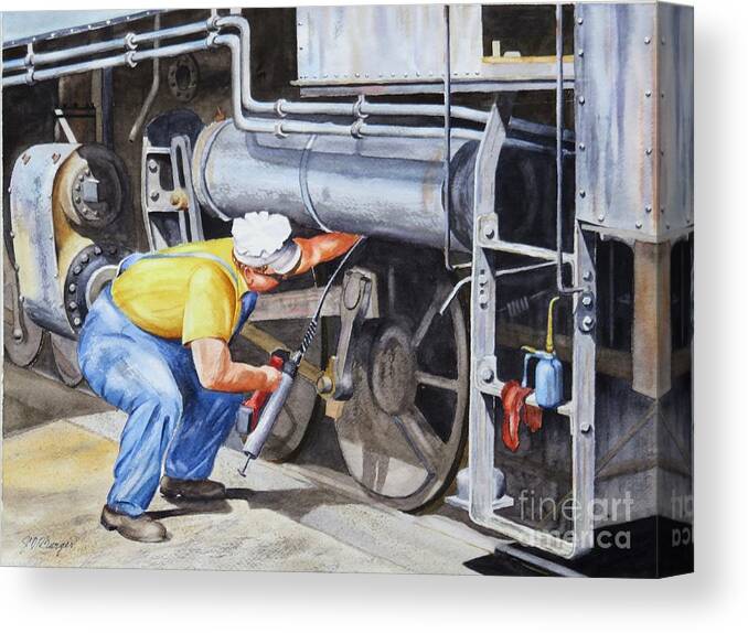 Railroad Canvas Print featuring the painting The Squeaky Wheel by Joseph Burger