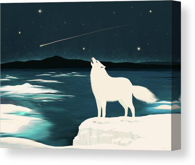 Winter Canvas Print featuring the painting The White Wolf Calls by Little Bunny Sunshine