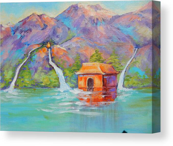 Three Scared Waters With Buddha Canvas Print featuring the painting Three Sacred Waters by Caroline Patrick