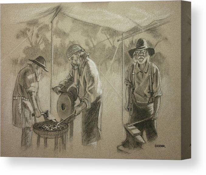 Blacksmith Canvas Print featuring the drawing Three Smiths by Todd Cooper