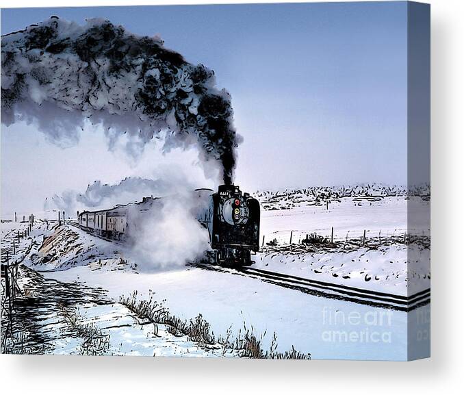 Union Pacific 8444 Canvas Print featuring the photograph Union Pacific 8444 Steam Locomotive in the Snow by Wernher Krutein