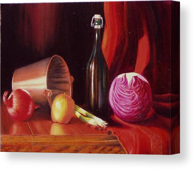 Still Life Canvas Print featuring the painting Veggie bucket. by Gene Gregory