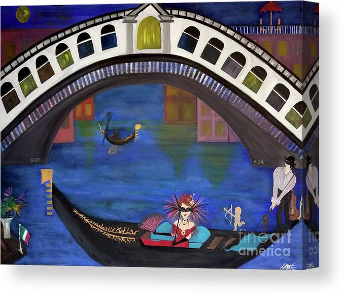 Gondola Canvas Print featuring the painting Venice Gondola By Night by Artist Linda Marie