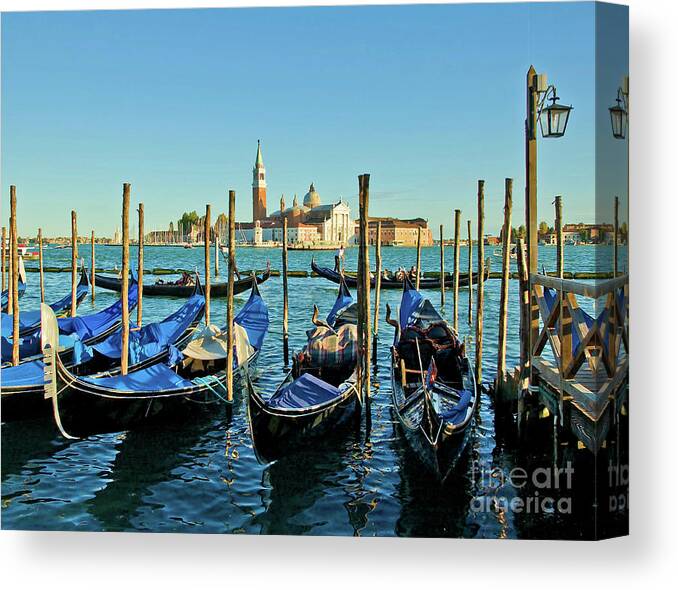 Venetian Gondolas Canvas Print featuring the photograph Venice gondolas - evening by Maria Rabinky