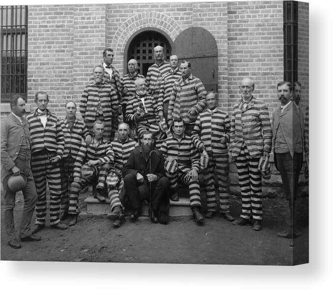 Outlaw Canvas Print featuring the photograph Vintage Prisoners In Striped Uniforms - 1889 by War Is Hell Store