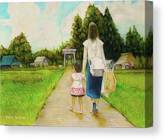 Japan Canvas Print featuring the drawing Walking to the shrine by Tim Ernst