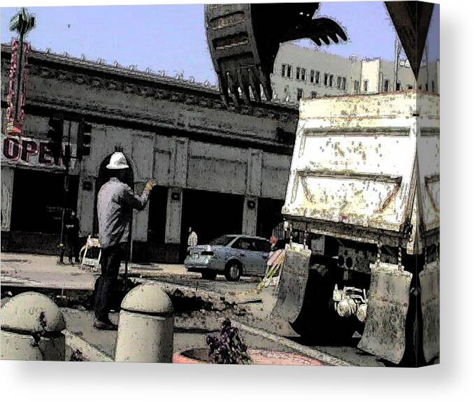 Downtown Fresno Canvas Print featuring the painting Watch It Bud by Gail Daley