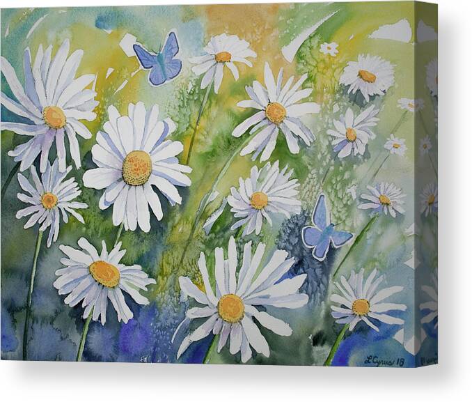 Common Blue Canvas Print featuring the painting Watercolor - Daisies and Common Blue Butterflies by Cascade Colors