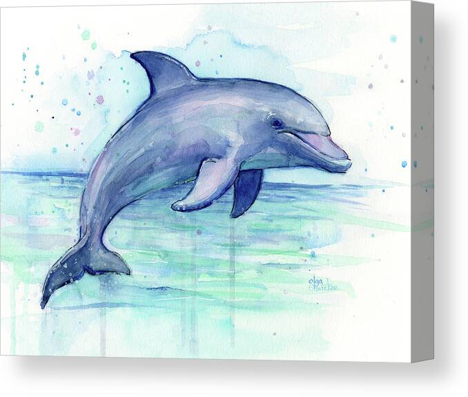 Dolphin Canvas Print featuring the painting Watercolor Dolphin Painting - Facing Right by Olga Shvartsur