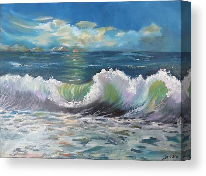 Oil Painting Canvas Print featuring the painting Waves at sunset by Maria Karlosak