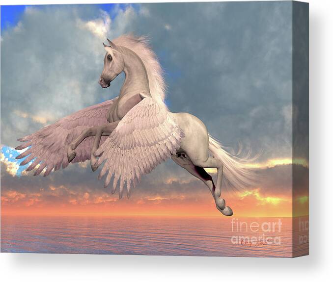 Pegasus Canvas Print featuring the digital art White Arabian Pegasus Horse by Corey Ford
