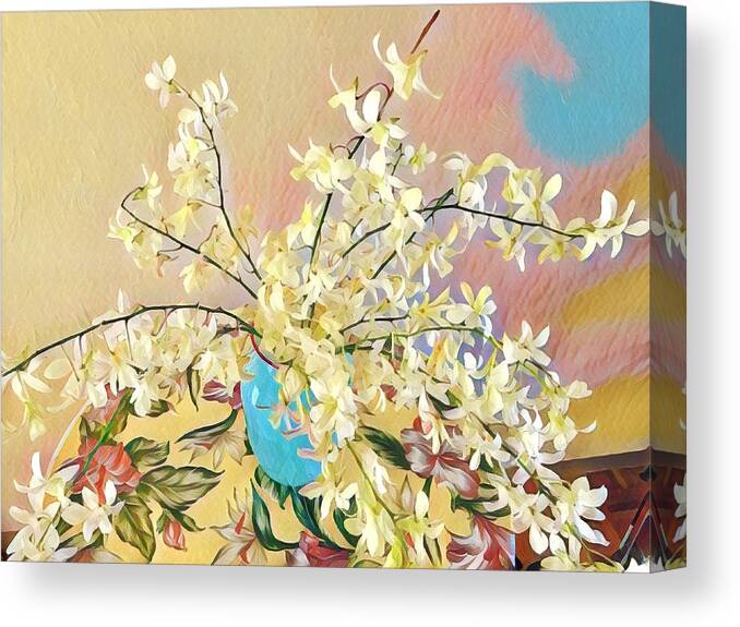 Flowers Of Aloha Bouquet Orchids White Orchids Canvas Print featuring the photograph White Orchid Bouquet Pink/Blue by Joalene Young