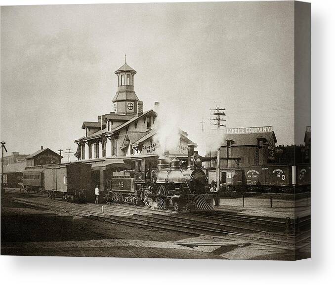 Steam Locomotive Canvas Print featuring the photograph Wilkes Barre PA. New Jersey Central Train Station Early 1900's by Arthur Miller