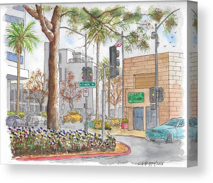 Wilshire Blvd Canvas Print featuring the painting Wilshire Blvd. and Camden Dr., First Republic Bank in Beverly Hills, CA by Carlos G Groppa