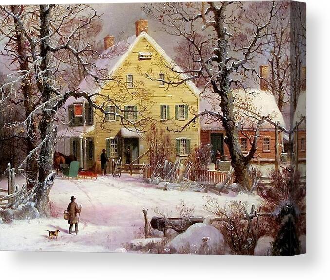 Winter Canvas Print featuring the painting Winter Snow Scene by Currier and Ives