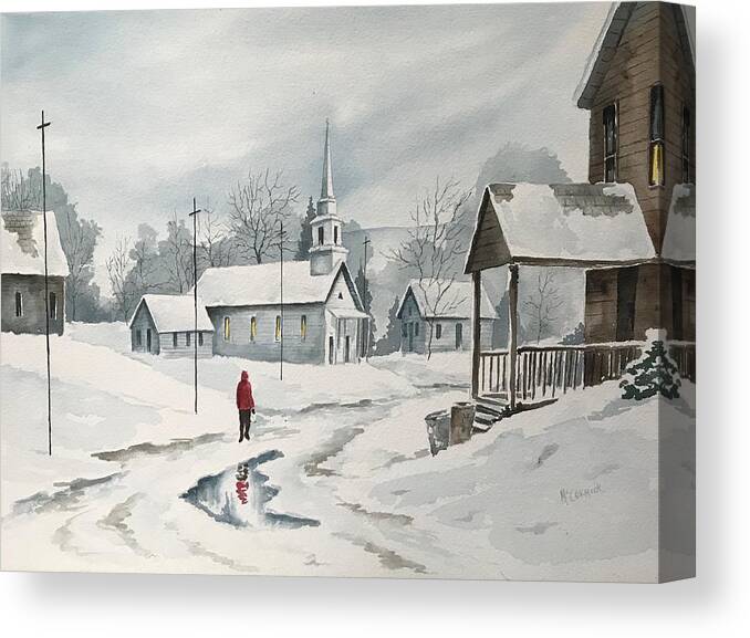 Church Canvas Print featuring the painting Traveler in a Red Coat by ML McCormick