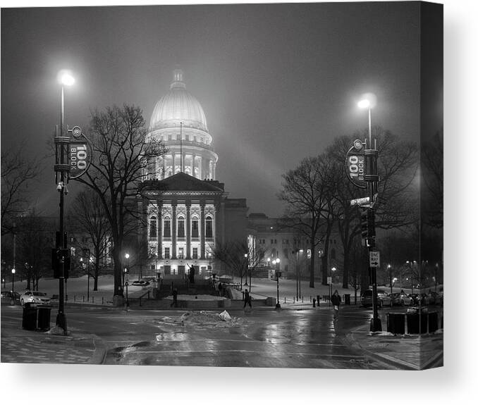 Wisconsin State Capitol Canvas Print featuring the photograph Wisconsin State Capitol-Foggy Night by Todd Bannor