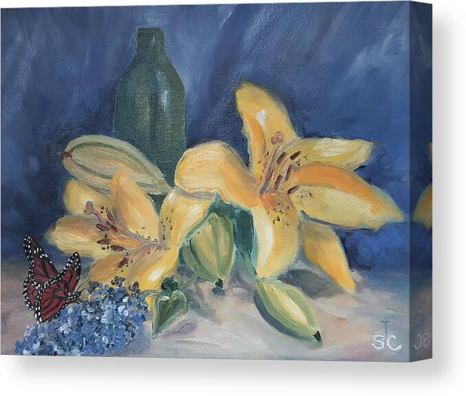 Monarch Canvas Print featuring the painting Yellow Aziatic Lily with Monarch by Sharon Casavant