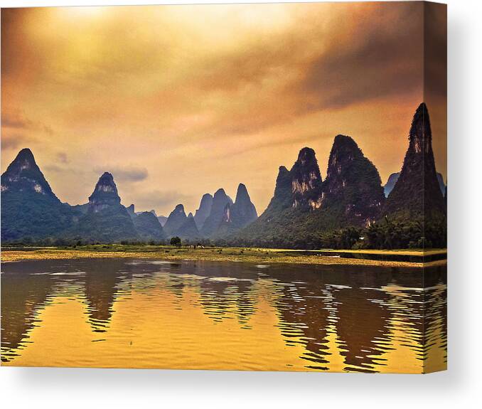 Sunset Canvas Print featuring the photograph Yellow gold sunset-China Guilin scenery-Lijiang River in Yangshuo by Artto Pan