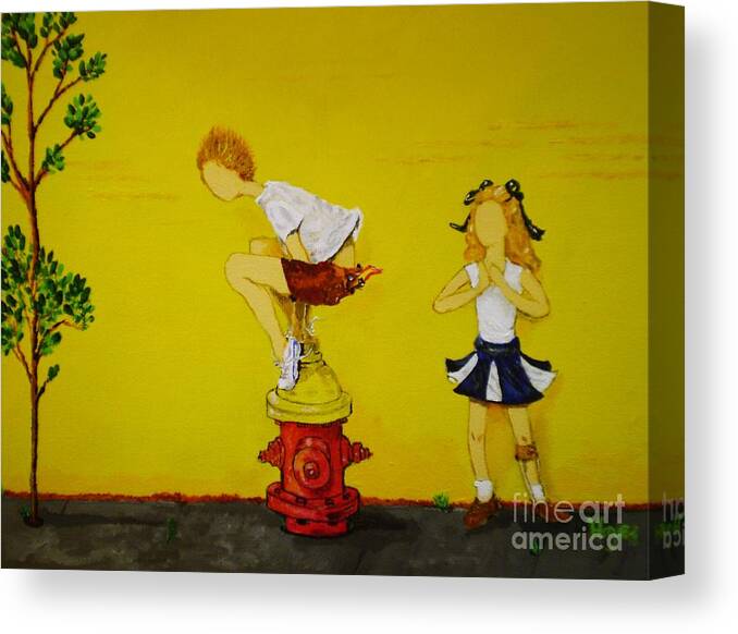 Children Canvas Print featuring the painting Young Love Series - The Fire Plug by Barbara Hayes