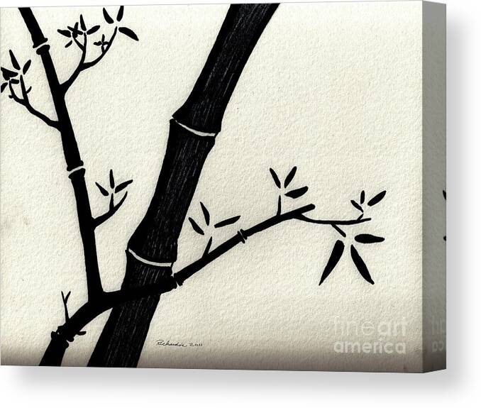 Abstract Canvas Print featuring the drawing Zen Sumi Antique Bamboo 2a Black Ink on Fine Art Watercolor Paper by Ricardos by Ricardos Creations