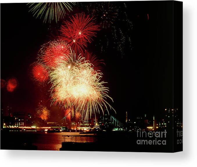 Firework Canvas Print featuring the photograph Aerial Firework Display Over Tower Bridge #1 by Francoise Sauze/science Photo Library