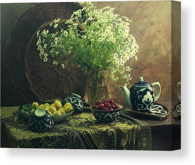 Chamomilles Canvas Print featuring the photograph Still Life With Cherry And Chamomiles #1 by Ustinagreen