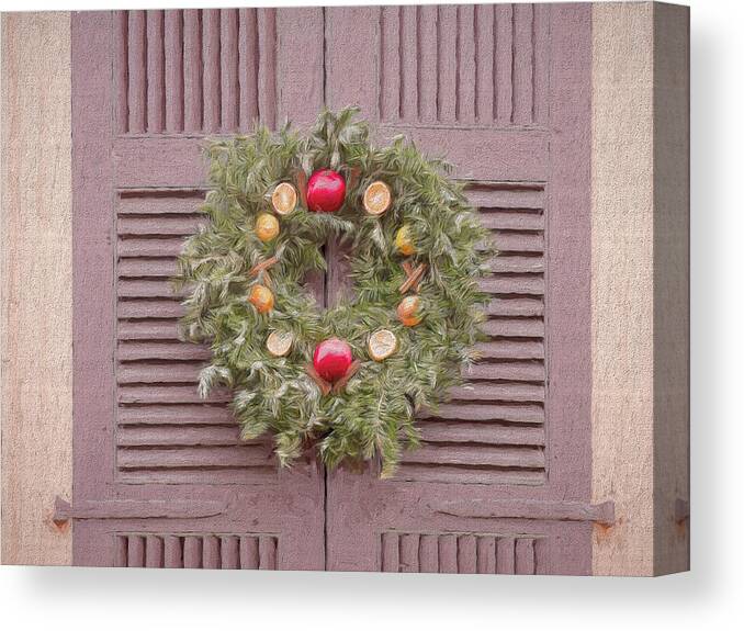 The Christmas Wreath Colonial Williamsburg Canvas Print featuring the mixed media The Christmas Wreath Colonial Williamsburg #1 by Leslie Montgomery