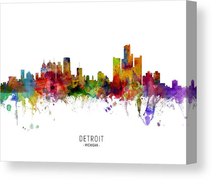 Detroit Canvas Print featuring the digital art Detroit Michigan Skyline #15 by Michael Tompsett