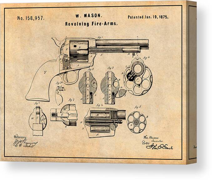 Colt Peacemaker Canvas Print featuring the drawing 1875 Colt Peacemaker Patent Print Antique Paper #1875 by Greg Edwards