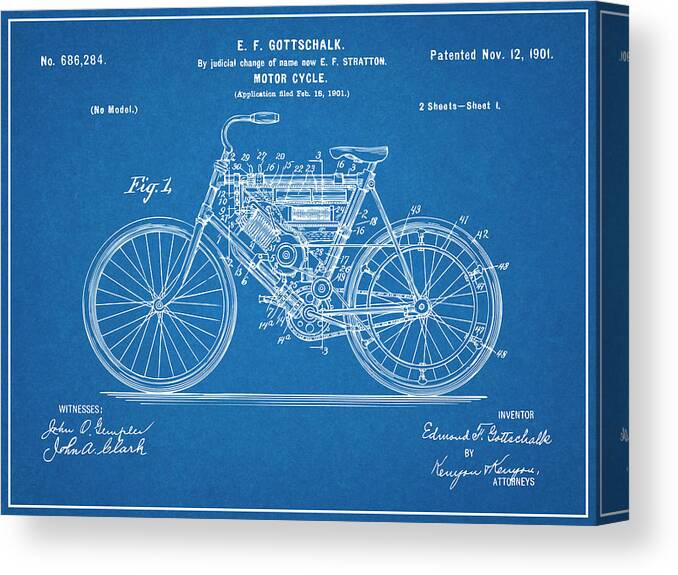 1901 Stratton Motorcycle Patent Print Canvas Print featuring the glass art 1901 Stratton Motorcycle Blueprint Patent Print by Greg Edwards