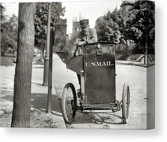 Vintage Canvas Print featuring the photograph 1910s Mailman In Pedal Or Motorized Cart by Retrographs