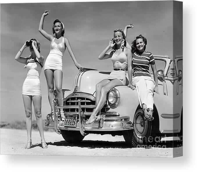 Vintage Canvas Print featuring the photograph 1950s Group Of Four Women In Bathing Suits With Convertible by Retrographs