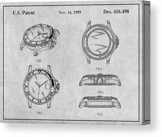 Art & Collectibles Canvas Print featuring the drawing 1999 Rolex Diving Watch Patent Print Gray by Greg Edwards