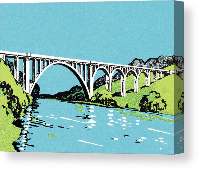 Across Canvas Print featuring the drawing Bridge over River #2 by CSA Images