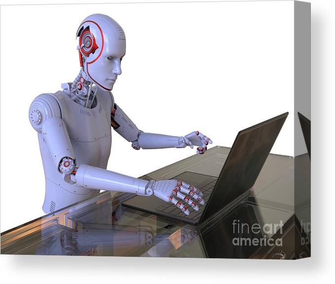 Robot Canvas Print featuring the photograph Humanoid Robot Working With Laptop by Kateryna Kon/science Photo Library