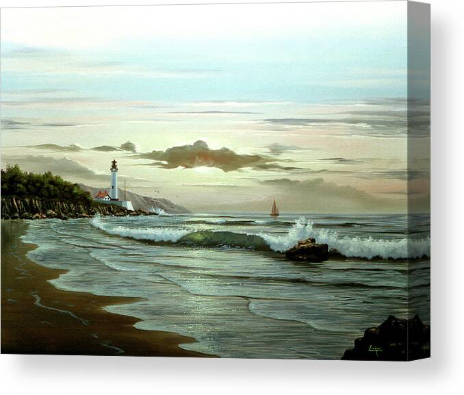 Lighthouse In Distance Over Waves Coming In On Shore Canvas Print featuring the painting 52 by Thomas Linker