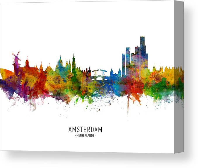 Amsterdam Canvas Print featuring the digital art Amsterdam The Netherlands Skyline #8 by Michael Tompsett