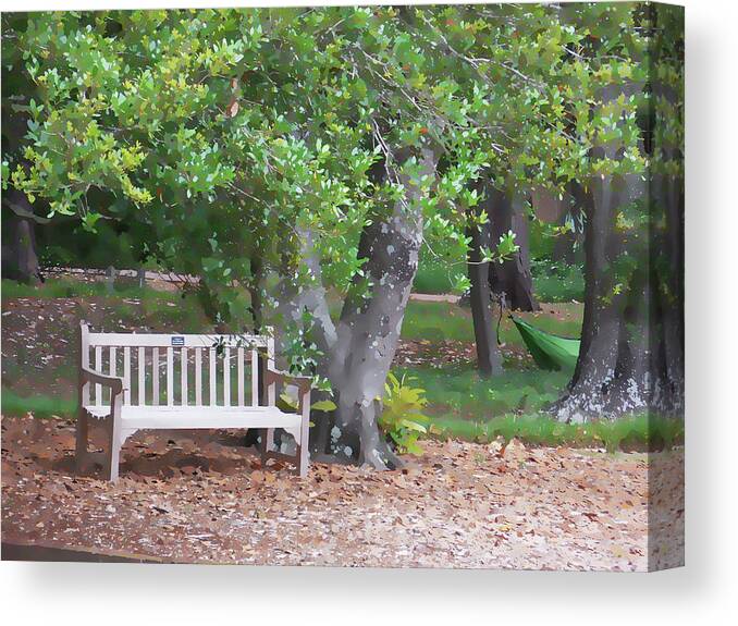 Bench Canvas Print featuring the painting A bench in a country garden 2 by Jeelan Clark