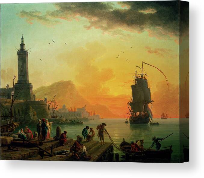 A Calm At A Mediterranean Port Canvas Print featuring the painting A Calm at a Mediterranean Port by Claude Joseph Vernet by Rolando Burbon