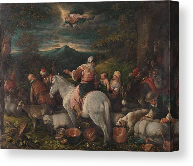 Canvas Canvas Print featuring the painting Abraham Leaves Haran. by Francesco II Bassano -attributed to- Leandro Bassano -rejected attribution-