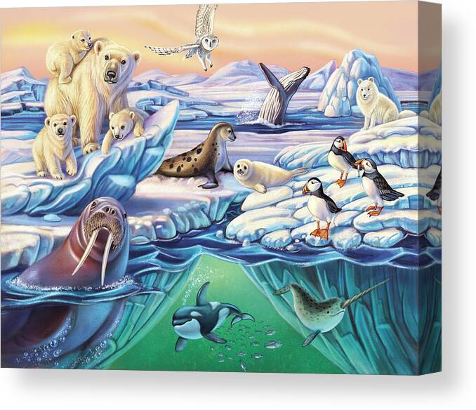 Arctic Canvas Print featuring the mixed media Arctic Animals by Anne Wertheim