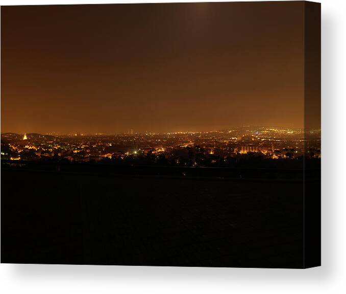 Tranquility Canvas Print featuring the photograph Barcelona Skyline By Night by Thomas Juul