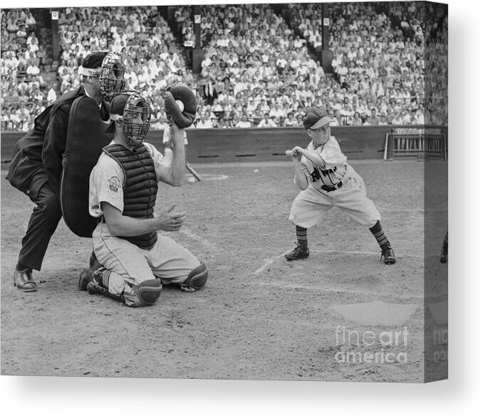 Crowd Of People Canvas Print featuring the photograph Baseball Gimmick Utilizing Dwarf by Bettmann