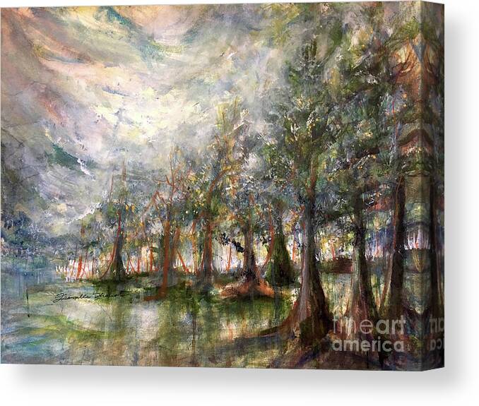Impressionistic Floral Landscape Louisiana Watercolor Abstract Impressionism Water Bayou Lake Verret Blue Set Design Iris Abstract Painting Abstract Landscape Purple Trees Fishing Painting Bayou Scene Cypress Trees Swamp Bloom Elegant Flower Watercolor Coastal Bird Water Bird Interior Design Imaginative Landscape Oak Tree Louisiana Abstract Impressionism Set Design Canvas Print featuring the painting BayouEve by Francelle Theriot
