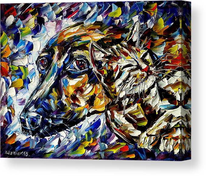 Cat And Dog Scene Canvas Print featuring the painting Best Friends II by Mirek Kuzniar