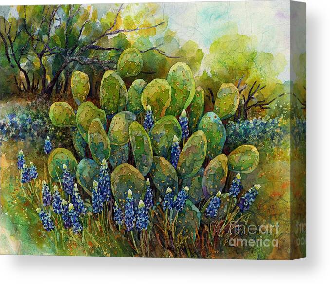 Cactus Canvas Print featuring the painting Bluebonnets and Cactus 2 by Hailey E Herrera