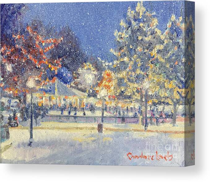 Boston Night Skaters Canvas Print featuring the painting Boston Common Twilight Skaters by Candace Lovely