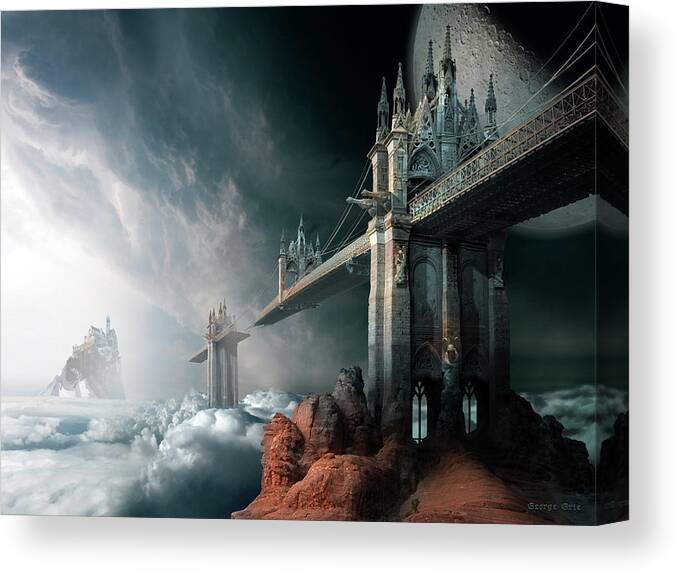 Sky Clouds Rainbow Bridge Haven Gothic Architecture Broken Island Moon Canvas Print featuring the digital art Bridges to the Neverland by George Grie