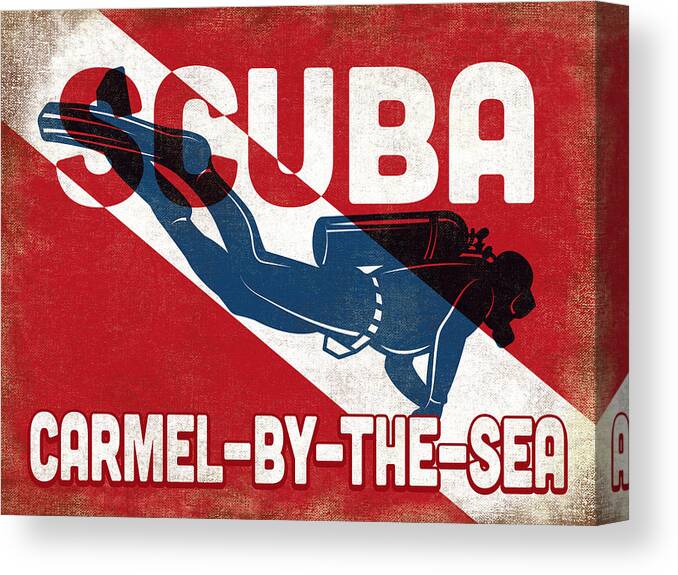 Carmel-by-the-sea Canvas Print featuring the digital art Carmel-by-the-Sea Scuba Diver - Blue Retro by Flo Karp